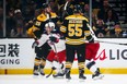 Matt Duchene (95) of the Columbus Blue Jackets celebrates after scoring the game-winning goal in double-overtime of Game 2 against the Boston Bruins on Saturday night. (Adam Glanzman/Getty Images)