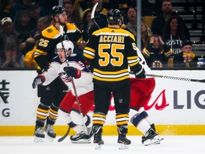 Matt Duchene (95) of the Columbus Blue Jackets celebrates after scoring the game-winning goal in double-overtime of Game 2 against the Boston Bruins on Saturday night. (Adam Glanzman/Getty Images)