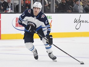 Nikolaj Ehlers of the Winnipeg Jets skates with the puck against the Vegas Golden Knights in the first period of their game at T-Mobile Arena on March 21, 2019 in Las Vegas.