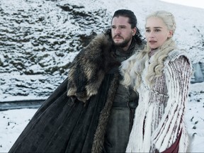 This photo released by HBO shows Kit Harington as Jon Snow, left, and Emilia Clarke as Daenerys Targaryen in a scene from "Game of Thrones," which premiered its eighth season on Sunday.  (HBO via AP)