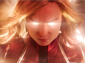 This image released by Disney-Marvel Studios shows Brie Larson in a scene from "Captain Marvel." Marvel's "Captain Marvel," the superhero factory's first movie fronted solely by a female hero.