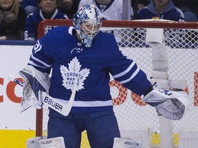 Maple Leafs goaltender Frederik Andersen in NHL playoff action against the Bruins in Game 3 in Toronto on Monday, April 15, 2019.