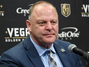 Golden Knights head coach Gerard Gallant speaks during a news conference following a victory over the Oilers at T-Mobile Arena in Las Vegas on April 1, 2019.