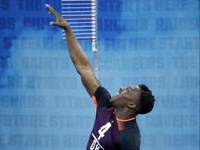 Defensive back Corey Ballentine of Washburn competes in the vertical jump during day five of the NFL Combine at Lucas Oil Stadium on March 4, 2019 in Indianapolis, Indiana. (Joe Robbins/Getty Images)