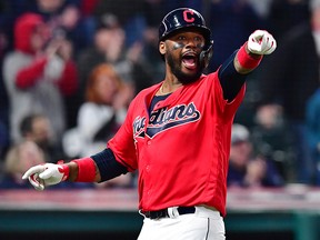 Hanley Ramirez of the Cleveland Indians celebrates after scoring against the Toronto Blue Jays at Progressive Field on April 5, 2019 in Cleveland. (Jason Miller/Getty Images)