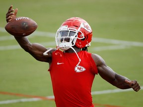 Kansas City Chiefs wide receiver Tyreek Hill takes part in a drill during NFL training camp Monday, July 30, 2018, in St. Joseph, Mo.