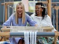 White House senior adviser Ivanka Trump, left, reacts as she tries her hand at a traditional weaving loom at Moya, a manufacturing centre of textile and traditional crafts, with Moya founder Sara Abera, Sunday April 14, 2019, in Addis Ababa, Ethiopia.