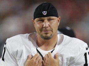 In this Aug. 12, 2016, file photo, Oakland Raiders kicker Sebastian Janikowski is shown during an NFL preseason football game against the Arizona Cardinals, in Glendale, Ariz. Former Oakland Raiders kicker Sebastian Janikowski is set to retire after an 18-year career. Janikowski spent 17 of his seasons with Oakland before kicking last season with the Seattle Seahawks after signing a one-year deal. Janikowskis agent, Paul Healy, confirmed to The Associated Press on Monday, April 29, 2019, his client intends to retire. Janikowksi, 41, told ESPN over the weekend he didnt believe his body could handle kicking in the NFL anymore.