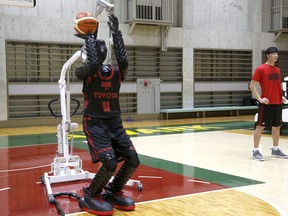 Toyota's basketball robot Cue 3 is seen Monday, April 1, 2019 at a gymnasium in Fuchu, Tokyo.