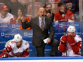 In this Feb. 3, 2018, file photo, Detroit Red Wings head coach Jeff Blashill argues a call against the Florida Panthers, in Sunrise, Fla. (AP Photo/Wilfredo Lee, File)