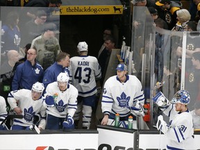 Maple Leafs centre Nazem Kadri leaves the ice after being ejected during the third period of Game 2 against the Boston Bruins, on Saturday night.