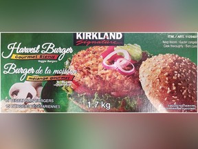 elmont Meat Products is recalling its Kirkland Signature brand Harvest Burger - Gourmet Blend - Veggie Burgers due to the possible presence of pieces of metal in the products. (CFIA photo)