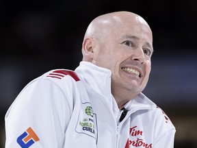 Canada skip Kevin Koe reacts to a shot during the gold medal game against Sweden at the Men's World Curling Championship in Lethbridge, Alta. on Sunday, April 7, 2019.