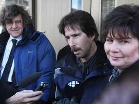 Kyle Unger and his mother, Treva Unger speak to the media at the Law Courts Wednesday, March 11, 2009