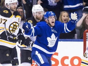 Maple Leafs left wing Andreas Johnsson celebrates his goal against the Bruins during second period NHL playoff action in Game 3 in Toronto on Monday, April 15, 2019.