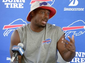 In this July 26, 2018, file photo, Bills running back LeSean McCoy speaks to reporters before practice at the NFL team's training camp in Pittsford, N.Y.
