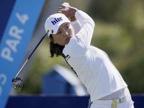 Jin Young Ko, of South Korea, hits from the sixth tee during the final round of the LPGA Tour ANA Inspiration golf tournament at Mission Hills Country Club in Rancho Mirage, Calif., Sunday, April 7, 2019.