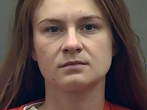 In this file photo taken on Aug. 17, 2018, courtesy of the Alexandria, Virginia, Sheriffs Office, shows Maria Butina's booking photograph when she was admitted into the Alexandria Detention Center.