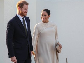 The Duke and Duchess of Sussex attend a reception hosted by the British Ambassador to Morocco, Thomas Reilly, and his wife in Rabat, Morocco, on Feb. 24, 2019.