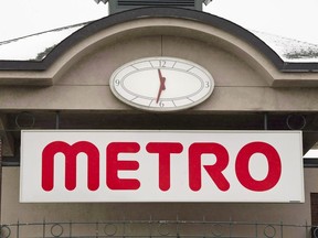 The logo of a Metro grocery store is seen in Montreal on Jan. 31, 2012.