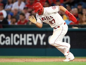 Mike Trout of the Los Angeles Angels of Anaheim runs to second base during a game against the Milwaukee Brewers at Angel Stadium of Anaheim on April 8, 2019 in Anaheim. (Sean M. Haffey/Getty Images)
