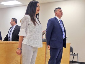 Edinburg, Texas Mayor Richard Molina and his wife Dalia Molina are arraigned on illegal voting and engaging in organized election fraud charges on Thursday, April 25, 2019, in Pharr, Texas. (Richard Molina/The Monitor via AP)