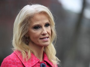 In this Feb. 22, 2019, fjle photo, counsellor to the U.S. president Kellyanne Conway speaks to reporters outside the West Wing of the White House in Washington.