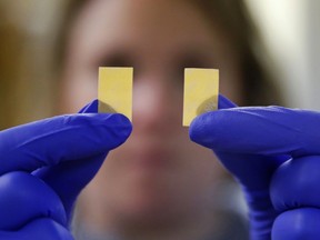 In this Tuesday, Feb. 21, 2017 file photo, investigator Heidi Laramie, of the N.H. Dept. of Corrections, shows a confiscated drug Suboxone, which were found after a smuggling attempt at the New Hampshire State Prison in Concord, N.H.