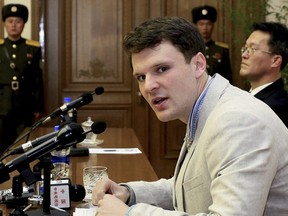 In this Feb. 29, 2016, file photo, American student Otto Warmbier speaks as he is presented to reporters in Pyongyang, North Korea.