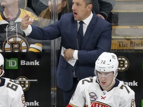 Panthers head coach Bob Boughner calls to his team from the bench during the third period of an NHL game against the Bruins, March 30, 2019, in Boston.