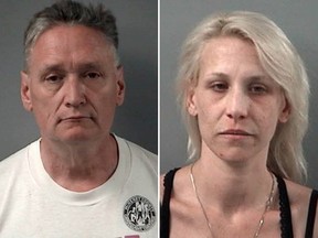 These April 24, 2019, booking photos provided by the Crystal Lake Police Department show Andrew Freund Sr. (L) and his wife Joann Cunningham, who have been charged with murder and other charges in the death of their missing son Andrew "AJ" Freund. (Crystal Lake Police Department via AP)