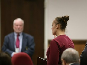 Cassie Barker, an ex-Long Beach police officer, pleads guilty to manslaughter in Harrison County Circuit Court in Gulfport, Miss., on Monday, March 18, 2019. (Justin Mitchell/The Sun Herald via AP)