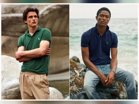 This combination of photos released by Ralph Lauren shows Polo shirts made from recycled plastic bottles.