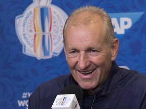 Team Europe coach Ralph Krueger smiles as he responds to questions at a news conference for the World Cup of Hockey, Monday, September 5, 2016 at the Videotron Centre in Quebec City. (THE CANADIAN PRESS/Jacques Boissinot)