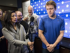 Despite a strong season which included leading defencemen with 20 goals, the Leafs’ Morgan Rielly (right) was not voted as a finalist for the Norris Trophy.