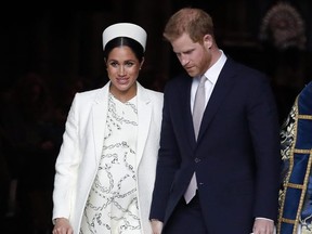 Meghan, the Duchess of Sussex and Britain's Prince Harry leave after attending the Commonwealth Service at Westminster Abbey on Commonwealth Day in London March 11, 2019.  (AP Photo/Frank Augstein, File)