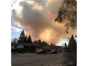 The RCMP said Monday, April 22, a grass fire burning southwest of Biggar, Sask. is "out of control." Photo taken in Biggar by Laurie Larson and posted to Twitter.