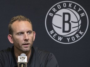 This June 18, 2018, file photo shows Brooklyn Nets general manager Sean Marks during a news conference introducing the team's draft picks in New York. (AP Photo/File, Mary Altaffer)