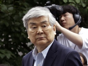 In this July 5, 2018 file photo, Cho Yang-ho, the chairman of Korean Air Lines Co., arrives for hearing to review the prosecution's request for an arrest warrant on charge of embezzlement at the Seoul Southern District Court in Seoul, South Korea. Korean Air says on Monday, April 8, 2019, its chairman, Cho Yang-ho, has died in the United States because of an unspecified illness.