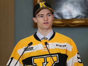 Shane Wright speaks in City Council Chambers after being selected first overall by the Kingston Frontenacs on Friday, April 5, 2019. (Ian MacAlpine/The Whig-Standard)