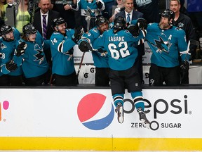 Kevin Labanc of the San Jose Sharks celebrates with teammates after scoring against the Vegas Golden Knights in Game 7 at SAP Center on April 23, 2019 in San Jose. (Lachlan Cunningham/Getty Images)