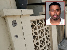 Two bullet holes mark an entrance to a home Friday, April 12, 2019 in Phoenix where a body was found murdered. Austin Smith (inset) has been arrested on suspicion of killing his wife, two of his young daughters and a man who the suspect thought was romantically involved with his wife, police said Friday, April 12, 2019.