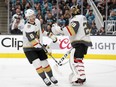 Vegas Golden Knights' Colin Miller, left, celebrates his goal with goaltender Marc-Andre Fleury (29) during the first period against the San Jose Sharks in Game 2 of an NHL hockey first-round playoff series Friday, April 12, 2019, in San Jose, Calif.