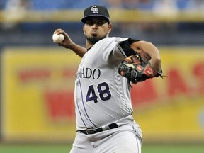 Colorado Rockies starter German Marquez pitches against the Tampa Bay Rays during the first inning of a baseball game Wednesday, April 3, 2019, in St. Petersburg, Fla.