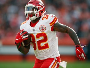 In this Nov. 4, 2018, file photo, Kansas City Chiefs running back Spencer Ware runs the ball against the Cleveland Browns during an NFL football game, in Cleveland.