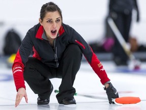 Skip Sherry Anderson calls a shot during the Autumn Gold Curling Classic at the Calgary Curling Club in Calgary, Alta., on Sunday, Oct. 11, 2015.