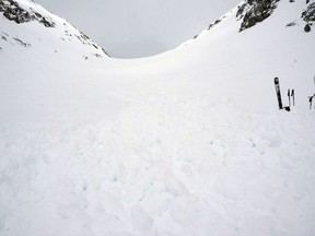 This Friday, April 26, 2019 photo provided by the Kantonspolizei (Cantonal Police) Wallis shows the area where four German skiers have been killed by an avalanche in Fieschertal, Switzerland.