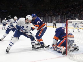 Maple Leafs centre John Tavares is stopped by New York Islanders goalie Robin Lehner on Monday night at Nassau Coliseum. (Bruce Bennett/Getty Images)