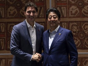 Prime Minister Justin Trudeau speaks with Japanese Prime Minister Shinzo Abe during a bilateral meeting at the APEC Summit in Port Moresby, Papua New Guinea, Sunday, Nov. 18, 2018.