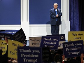 U.S. President Donald Trump walks off stage after speaking at an annual meeting of the Republican Jewish Coalition, Saturday, April 6, 2019, in Las Vegas.